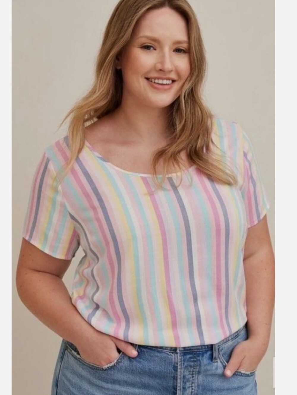 Torrid NWOT Plus Size 0X: Pastel Striped Rayon Slub Buttons Down Back Top